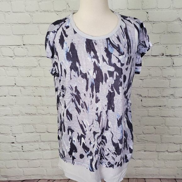 𝅺calvin Klein 100% linen burnout knit top Raw edge grey blue white sz M - Picture 1 of 5
